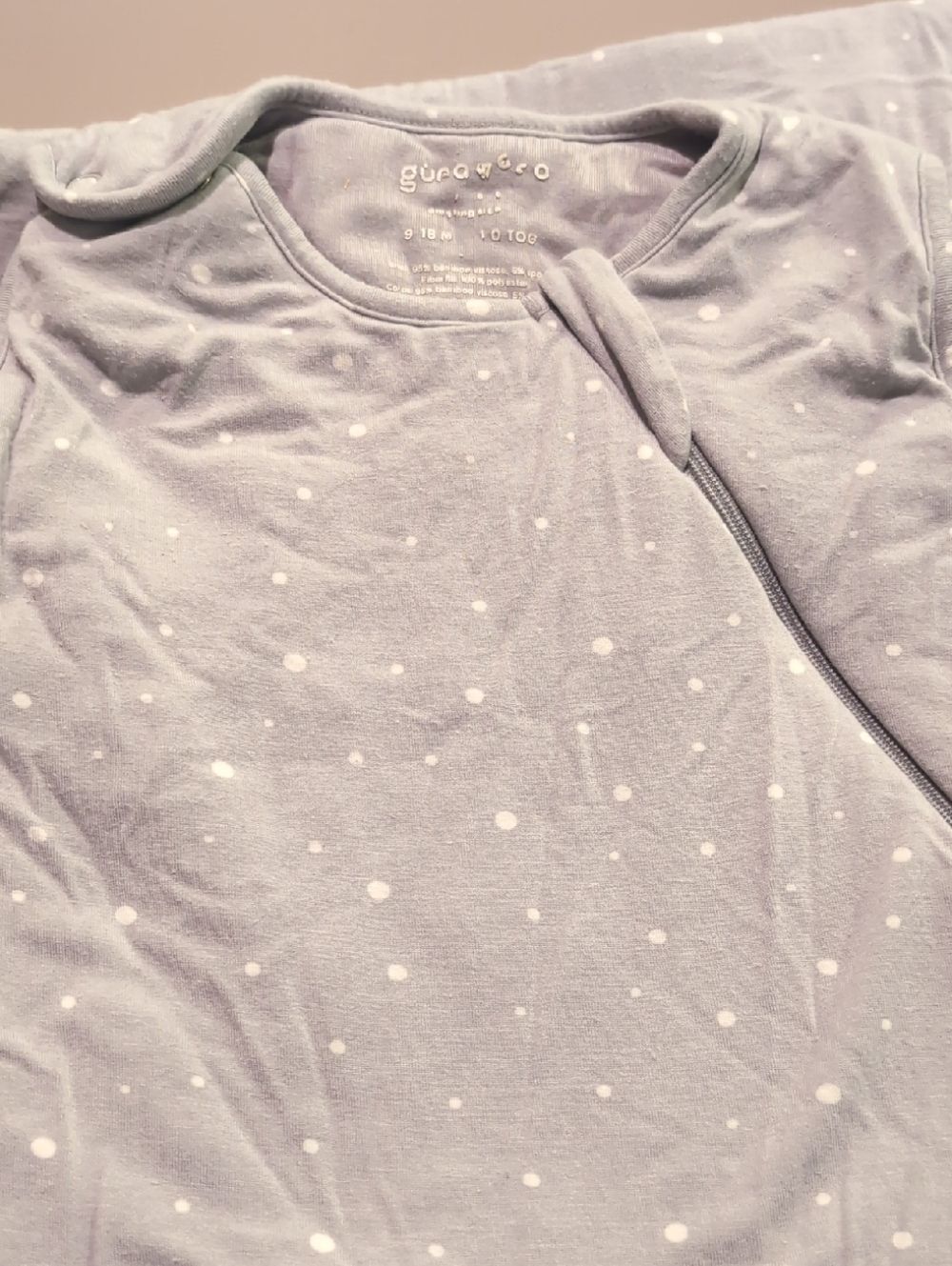 Gunamuna bamboo sleep sack, size 9-18 months, 1.0 TOG — White/Grey Polka Dots